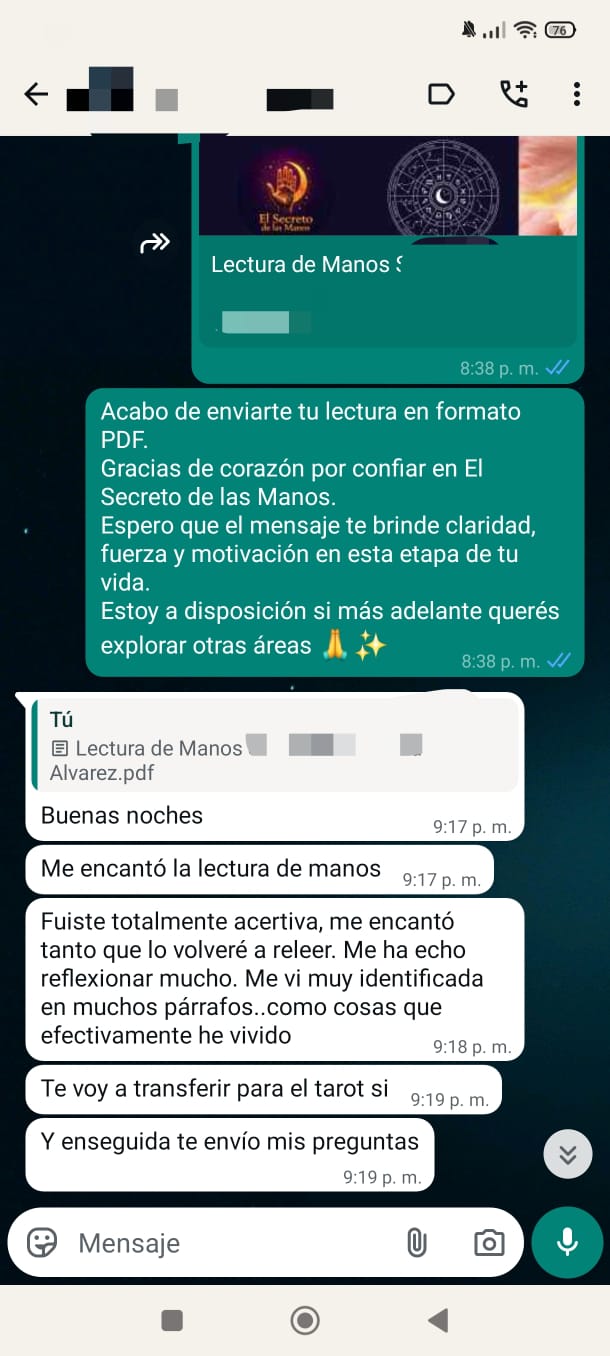 Testimonio de clienta — Lectura de Manos